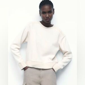 Zara Cream Crew Neck Sweater with Ribbed Knit Detailing